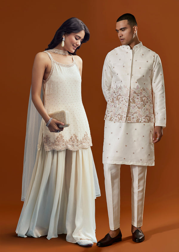 Ivory Glam Pair – Chinon Suit For Her And Jacket Kurta Set For Him