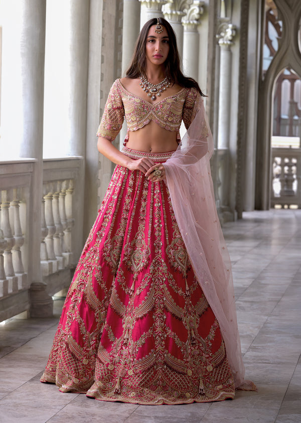 Red Silk Bridal Lehenga With Moti And Sequins Embroidery