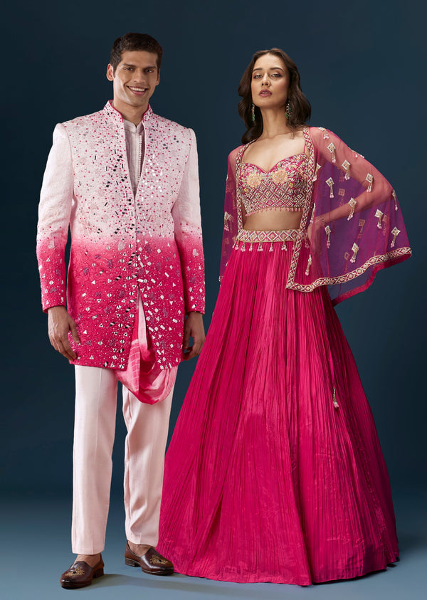 Pink Festive Duo – Bridesmaid Lehenga With Cape For Her And Silk Indo Western Jacket Set For Him