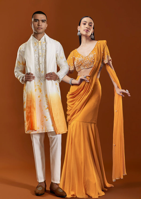 Festive Orange Duo – Indo Western Saree For Her And Kurta Set For Him