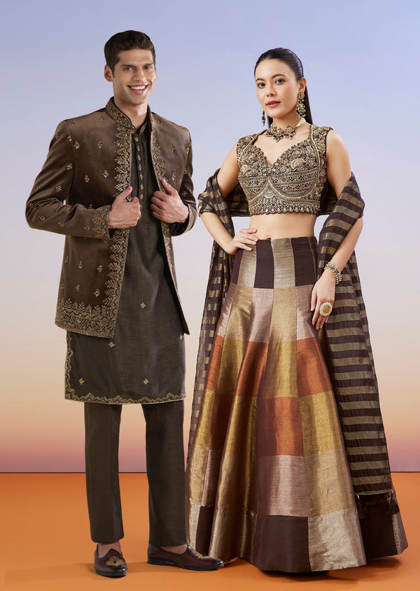Brown Royal Duo – Colourblocked Lehenga For Her And Velvet Jodhpuri Set For Him