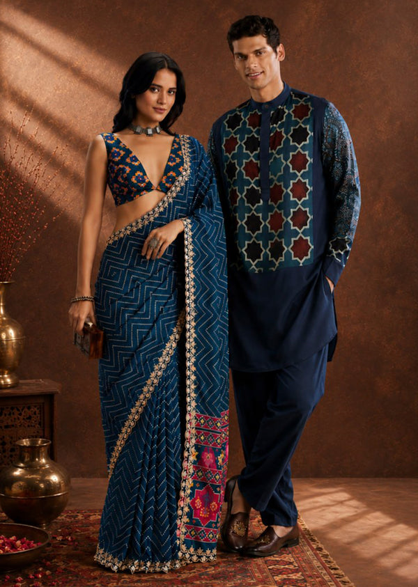 Indigo Heritage Couple Set – Navy Blue Ajrakh Saree For Her And Indigo Ajrakh Kurta Set For Him