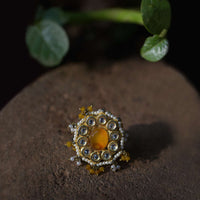 Yellow Stone Ring With Kundan And Pearls In Floral Pattern And Dangling Bead Tassels