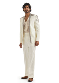 Ivory Tuxedo Set With Metallic Embroidered Blazer