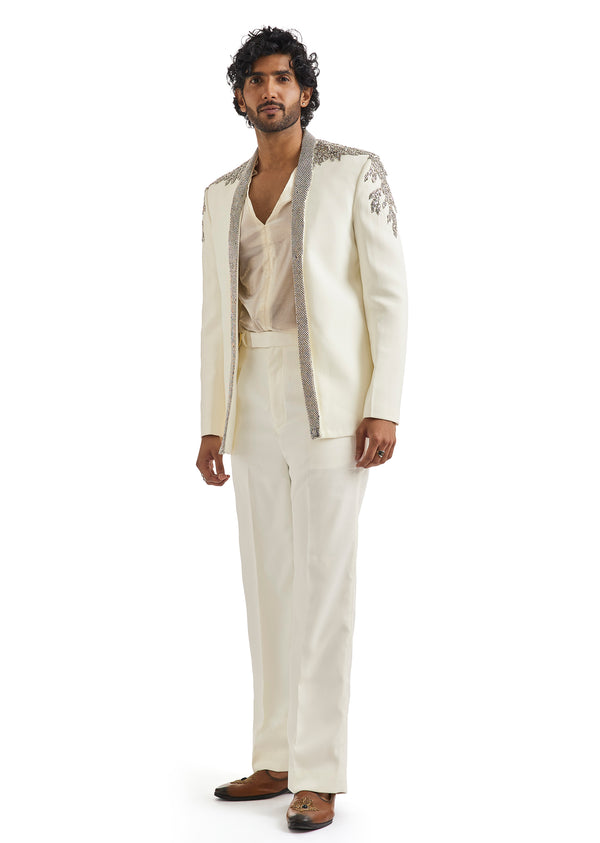 Ivory Tuxedo Set With Metallic Embroidered Blazer