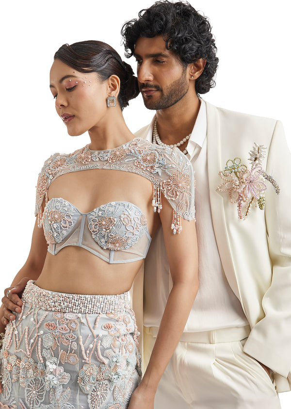 Midnight Blue & Ivory Duo — Lehenga For Her And Tuxedo For Him