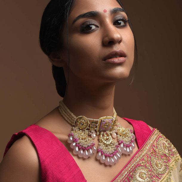 Mauve Carved Bead Choker With Kundan Crescent Design And Dangling Multi Color Beads