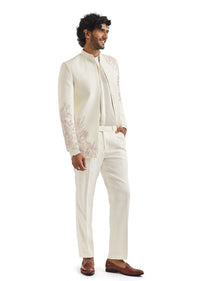 White Embroidered Tuxedo Set With Statement Blazer