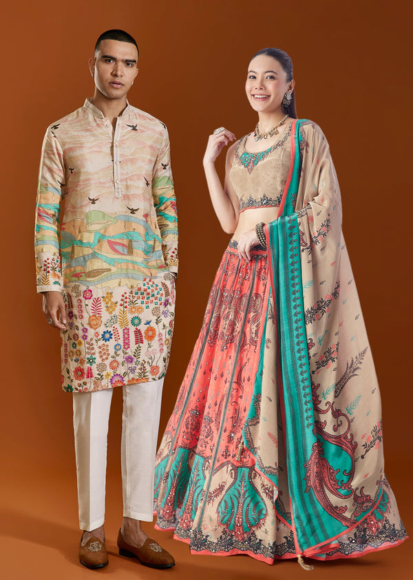 Peach Elegance Duo – Paisley Printed Lehenga For Her And Embroidered Kurta Set For Him