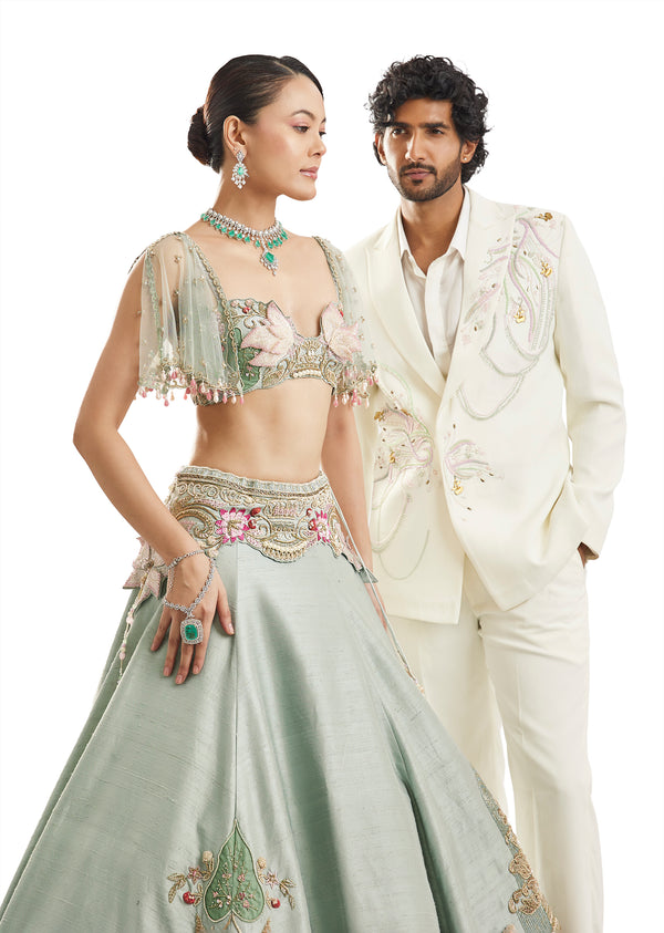 Sea Green & Classic White Duo — Lehenga For Her And Blazer Set For Him