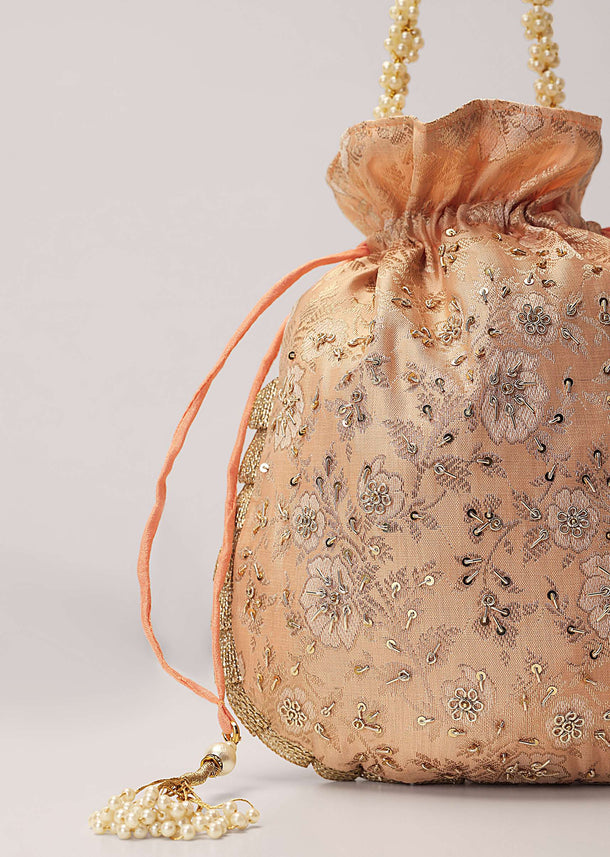 Peach Potli Bag In Brocade Silk With Zardosi Embroidery In Floral Design