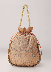 Peach Potli Bag In Brocade Silk With Zardosi Embroidery In Floral Design