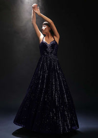 Navy Blue Corset Gown In Sequins Embellished Net With Cut Dana Embroidered Velvet Patch On The Bodice Online - Kalki Fashion