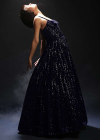 Navy Blue Corset Gown In Sequins Embellished Net With Cut Dana Embroidered Velvet Patch On The Bodice Online - Kalki Fashion