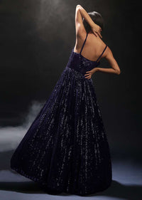 Navy Blue Corset Gown In Sequins Embellished Net With Cut Dana Embroidered Velvet Patch On The Bodice Online - Kalki Fashion