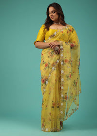Corn Yellow Organza Saree With Floral Print, Moti Embroidered Border, And An Unstitched Blouse