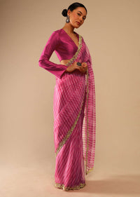 Fuchsia Pink Saree In Organza With Lehariya Print And Hand Embroidered Border With Beads And Sequins Work