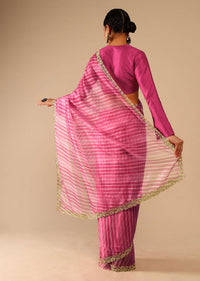 Fuchsia Pink Saree In Organza With Lehariya Print And Hand Embroidered Border With Beads And Sequins Work