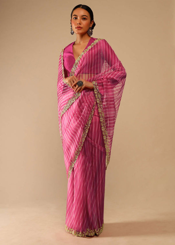 Fuchsia Pink Saree In Organza With Lehariya Print And Hand Embroidered Border With Beads And Sequins Work