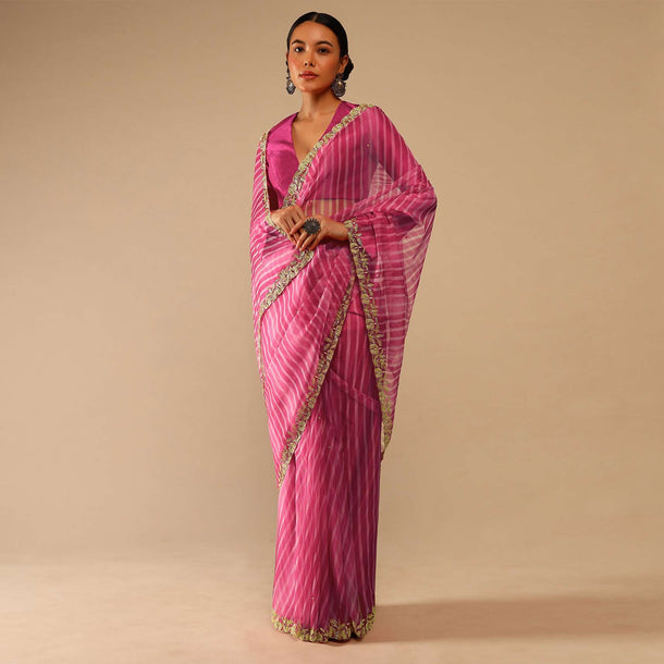 Fuchsia Pink Saree In Organza With Lehariya Print And Hand Embroidered Border With Beads And Sequins Work