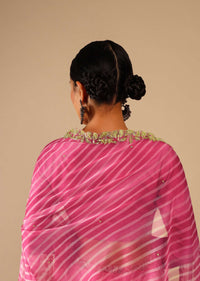 Fuchsia Pink Saree In Organza With Lehariya Print And Hand Embroidered Border With Beads And Sequins Work