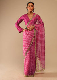 Fuchsia Pink Saree In Organza With Lehariya Print And Hand Embroidered Border With Beads And Sequins Work