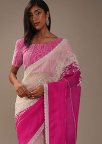 Cherry Pink Organza Saree With Beads And Cut Dana Embroiderey