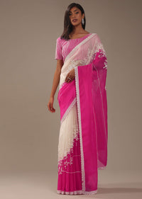 Cherry Pink Organza Saree With Beads And Cut Dana Embroiderey