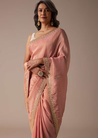 Apricot Blush Dupion Silk Saree With Gotta Patti Embroidered Floral Buttis