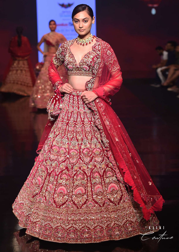 Sangria Velvet Lehenga Choli With Mughal Inspired Hand Embroidered Kalis Using Multi Colored Accents