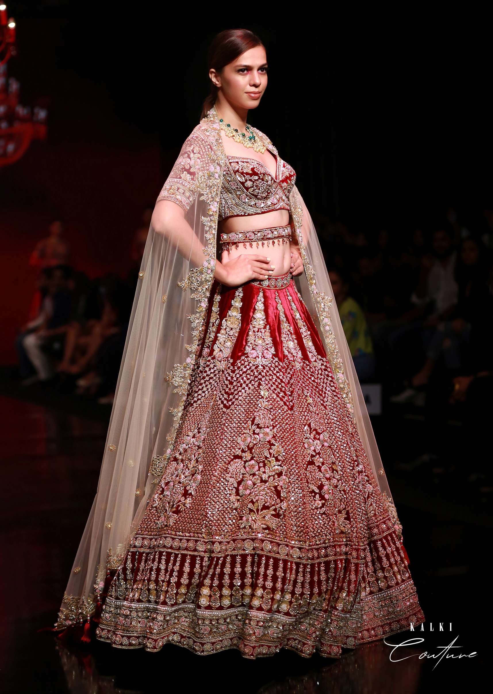 Persian Red Lehenga Choli In Velvet With Mughal Jaali And Floral Hand Embroidered Kali