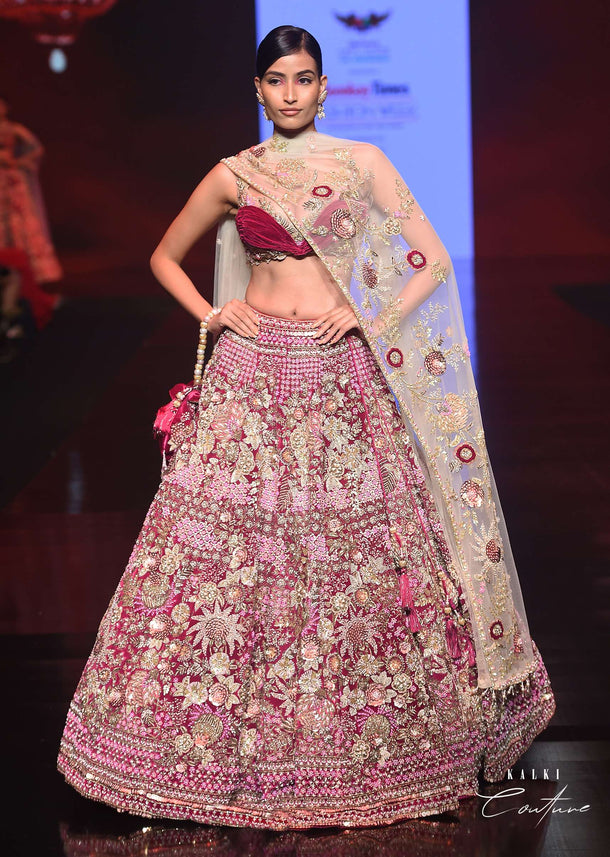 Sangria Lehenga In Velvet With Ruched Choli And Multi Colored Hand Embroidered Heritage Floral Motifs