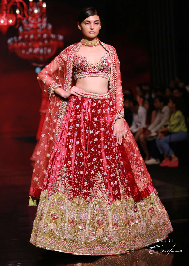 Persian Red Lehenga Choli In Velvet With Moss Green Mughal Border And Multi Colored Hand Embroidered Flowers