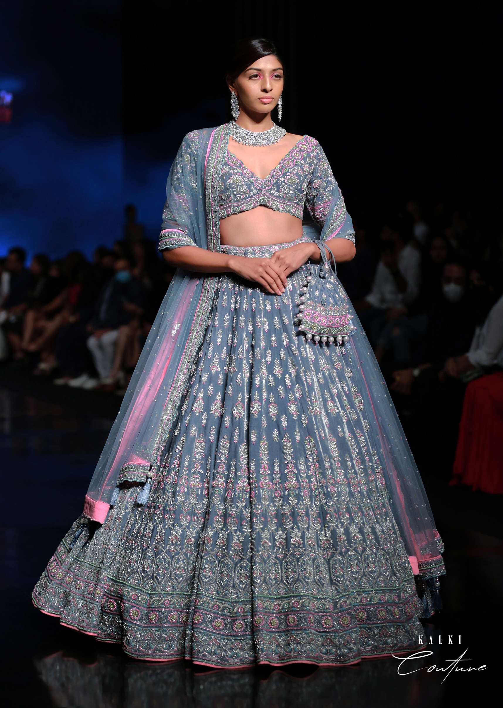 Frost Blue Lehenga Choli With Multi Colored Beads Embroidered Buttis And Mughal Border