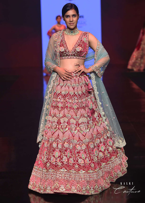 Sangria Lehenga Choli In Velvet With Multi Colored Hand Embroidery In Intricate Moroccan And Floral Motifs