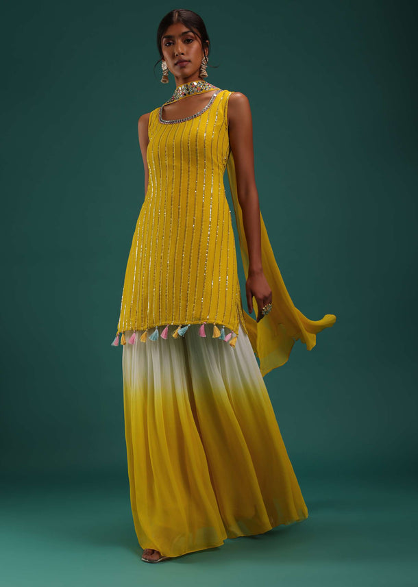 Yellow Ombre Kurti And Sharara Set In Georgette With Sequins Work