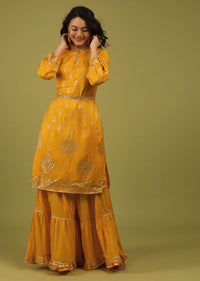 Radiant Yellow Gharara Suit Set In Brocade With Embroidery In Dola Silk