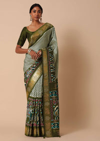 Green Silk Printed Saree With Patola Detail And Unstitched Blouse Piece