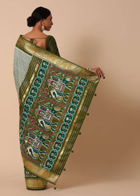 Green Silk Printed Saree With Patola Detail And Unstitched Blouse Piece