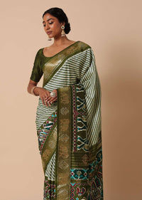 Green Silk Printed Saree With Patola Detail And Unstitched Blouse Piece