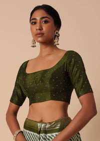 Green Silk Printed Saree With Patola Detail And Unstitched Blouse Piece