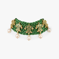 Green Braided Resham Necklace With Green Kundan Work In Fish Motifs And Dangling Pearl Drops