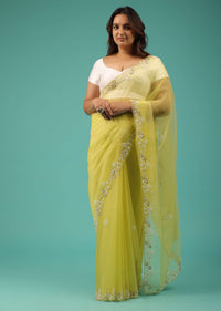 Pista Yellow Organza Fabricated Saree With Moti And Pearl Embroidery