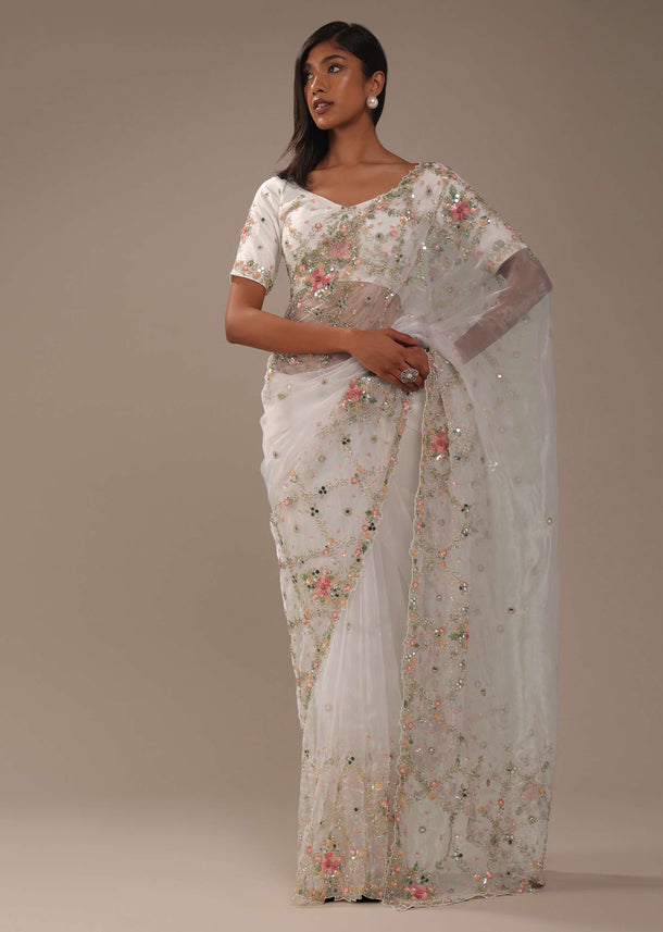 Milky White 3D Embroidered Tissue Silk Saree