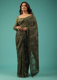 Army Green Saree In Sequins And Organza With Detailed Embroidery