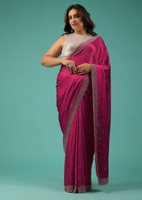 Rani Pink Saree In Chiffon With Cut Dana And Stones Embroidery