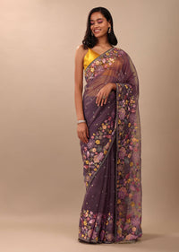 Fog Grey Saree In Organza With A Wide Floral Embroidered Pallu With Tassels