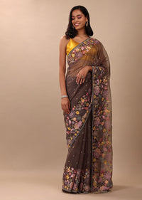 Fog Grey Saree In Organza With A Wide Floral Embroidered Pallu With Tassels
