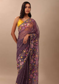 Fog Grey Saree In Organza With A Wide Floral Embroidered Pallu With Tassels