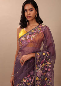 Fog Grey Saree In Organza With A Wide Floral Embroidered Pallu With Tassels